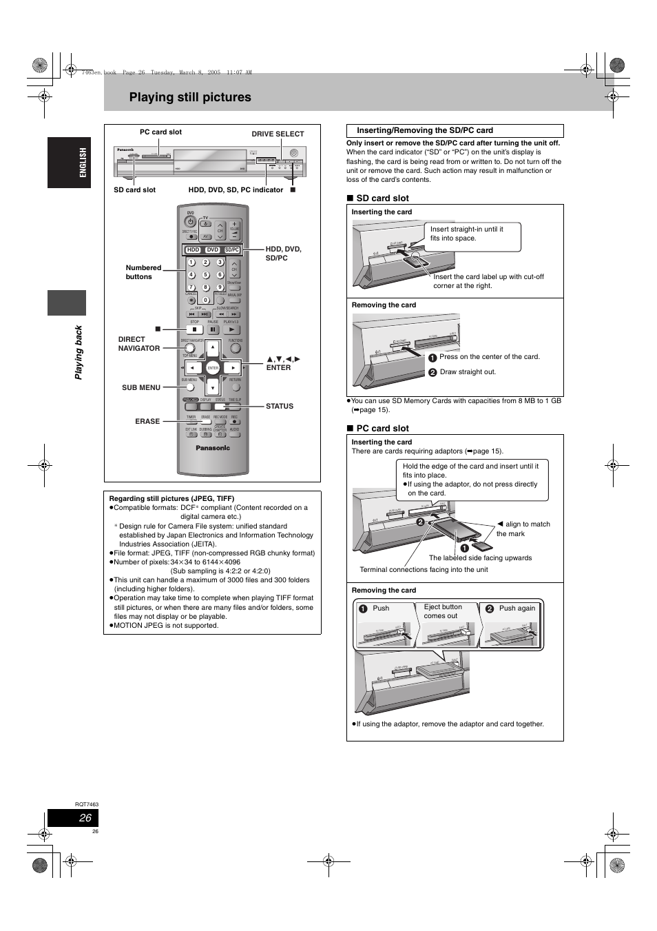 Playing still pictures, Open/close, Pla y ing ba c k | Sd card slot, Pc card slot | Panasonic DMRE95H User Manual | Page 26 / 124