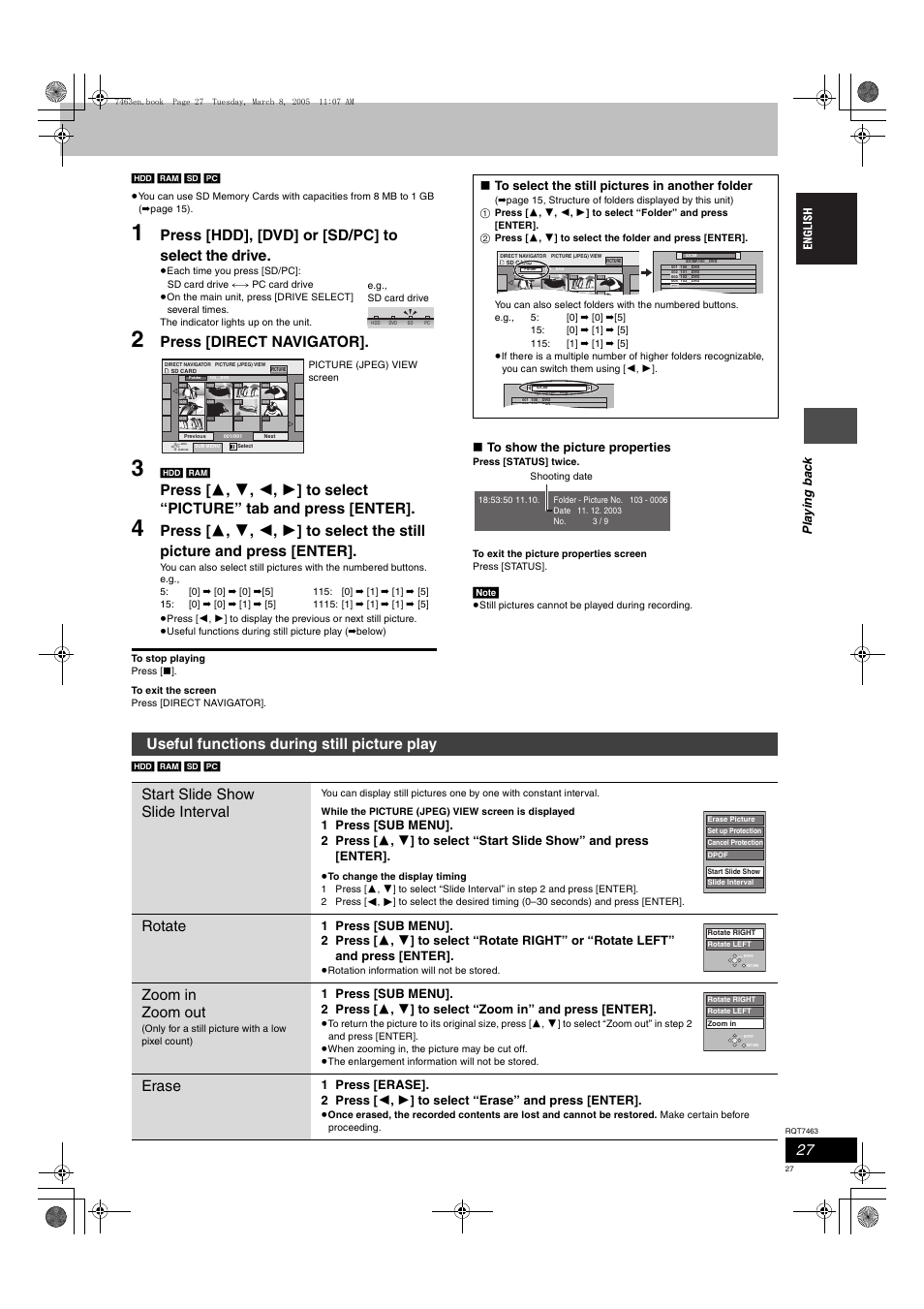 Press [hdd], [dvd] or [sd/pc] to select the drive, Press [direct navigator, Rotate | Zoom in zoom out, Erase | Panasonic DMRE95H User Manual | Page 27 / 124