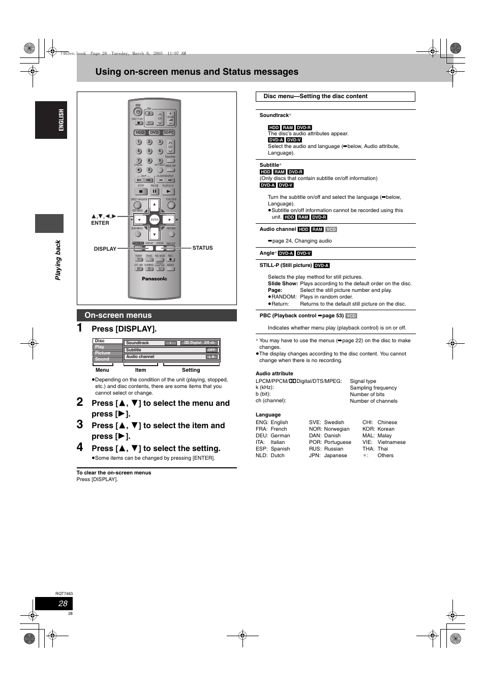 Using on-screen menus and status messages, Press [display, Press [ 3 , 4 ] to select the menu and press [ 1 | Press [ 3 , 4 ] to select the item and press [ 1, Press [ 3 , 4 ] to select the setting, On-screen menus | Panasonic DMRE95H User Manual | Page 28 / 124