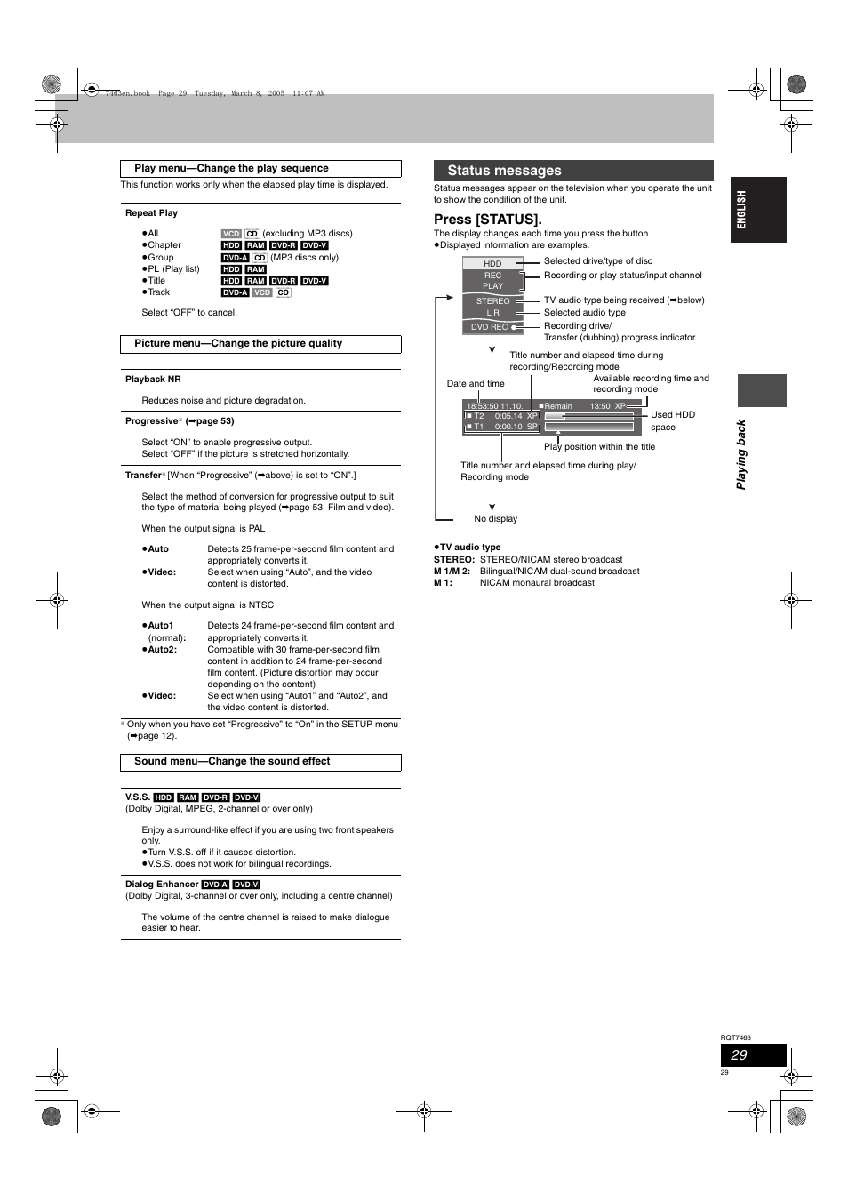 Press [status, Status messages | Panasonic DMRE95H User Manual | Page 29 / 124