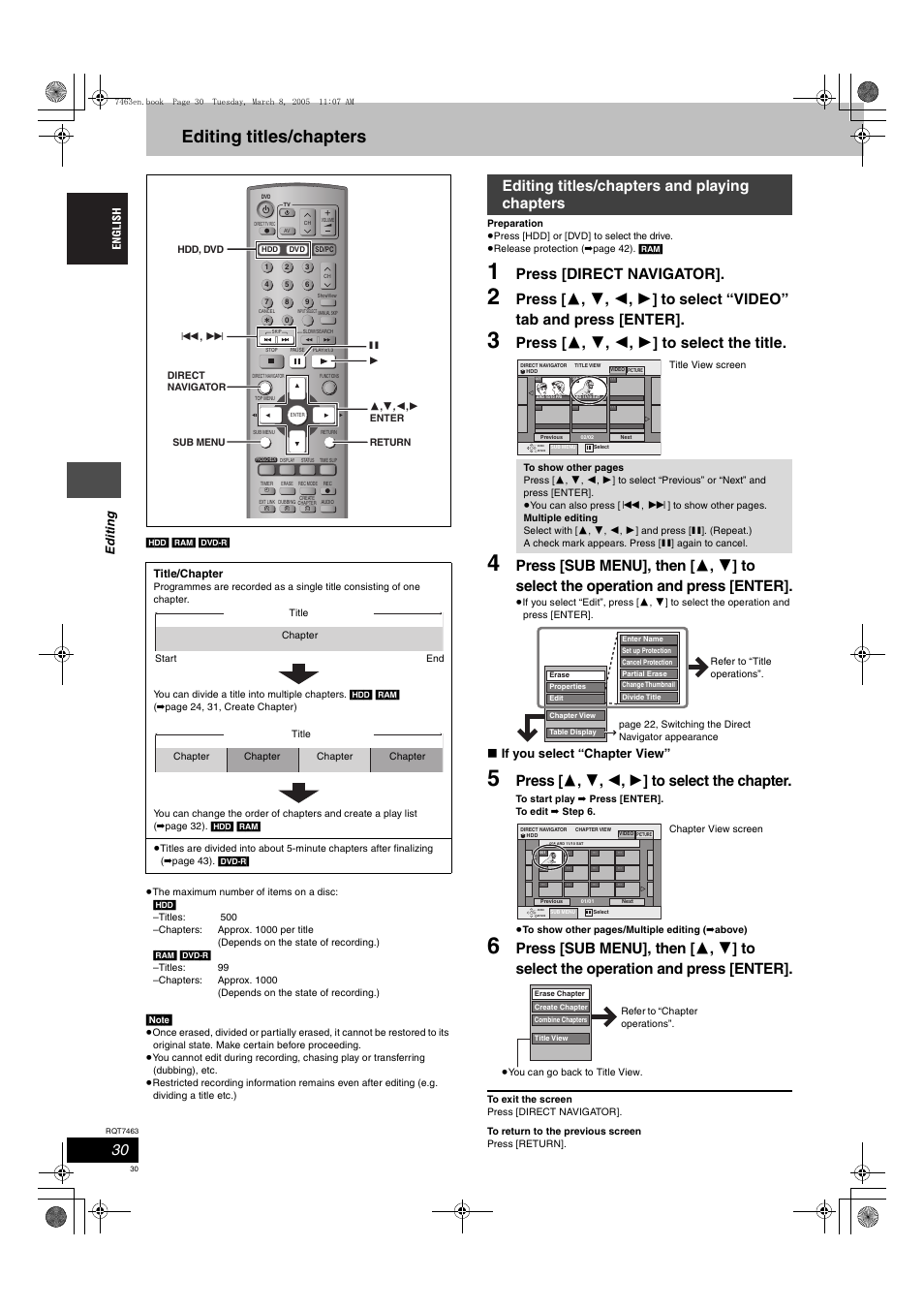 Editing titles/chapters, Press [direct navigator, Press [ 3 , 4 , 2 , 1 ] to select the title | Press [ 3 , 4 , 2 , 1 ] to select the chapter, Editing titles/chapters and playing chapters, Edit ing, If you select “chapter view | Panasonic DMRE95H User Manual | Page 30 / 124