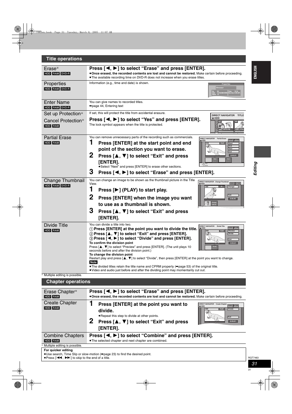 Title operations erase, Press [ 2 , 1 ] to select “erase” and press [enter, Properties | Enter name, Set up protection, Cancel protection, Press [ 2 , 1 ] to select “yes” and press [enter, Partial erase, Press [ 3 , 4 ] to select “exit” and press [enter, Press [ 1 ] (play) to start play | Panasonic DMRE95H User Manual | Page 31 / 124