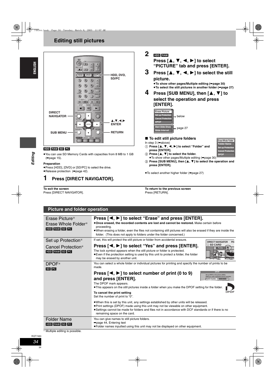 Editing still pictures, Press [direct navigator, Picture and folder operation erase picture | Erase whole folder, Press [ 2 , 1 ] to select “erase” and press [enter, Set up protection, Cancel protection, Press [ 2 , 1 ] to select “yes” and press [enter, Dpof, Folder name | Panasonic DMRE95H User Manual | Page 34 / 124