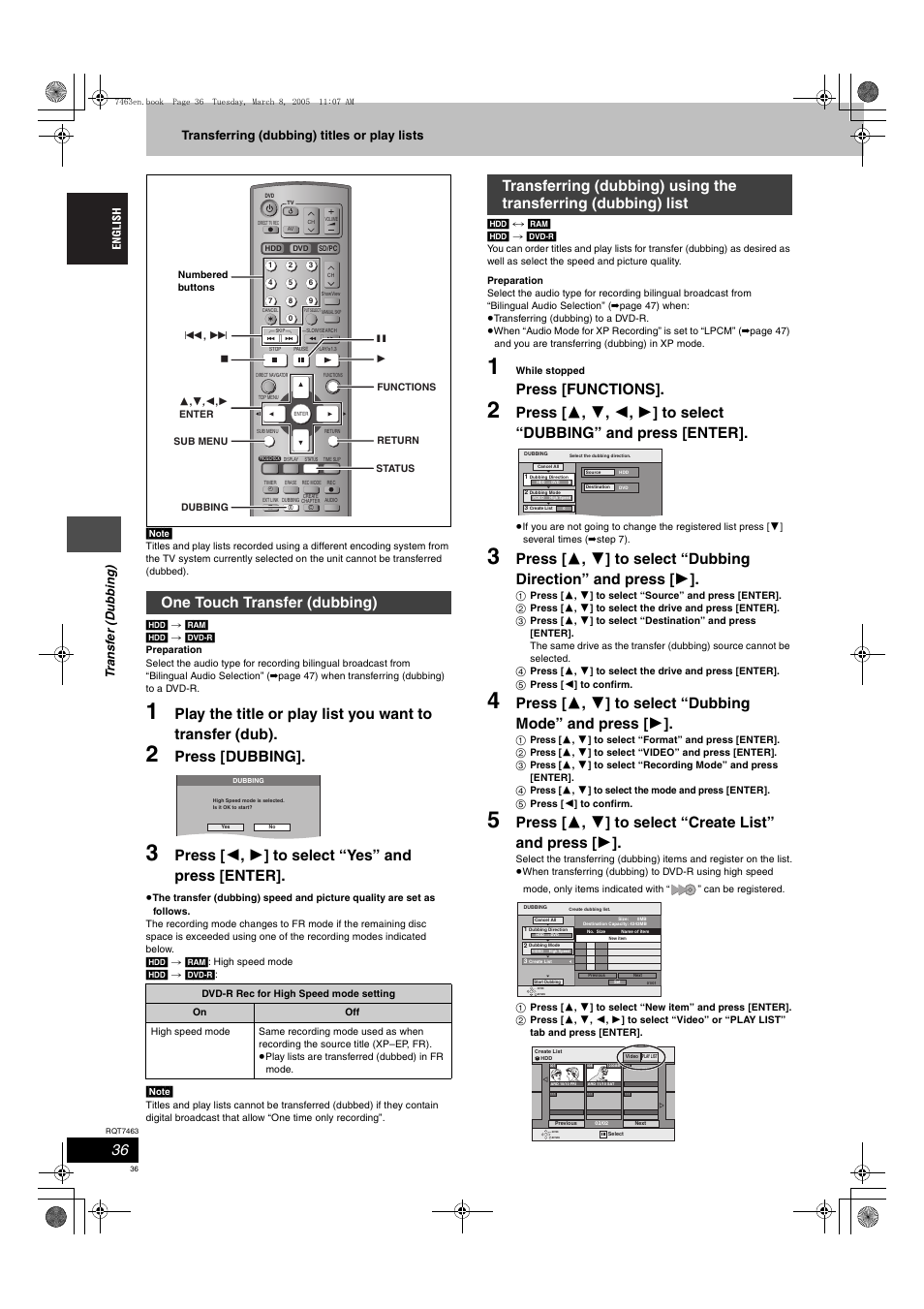 Press [dubbing, Press [ 2 , 1 ] to select “yes” and press [enter, Press [functions | One touch transfer (dubbing) | Panasonic DMRE95H User Manual | Page 36 / 124