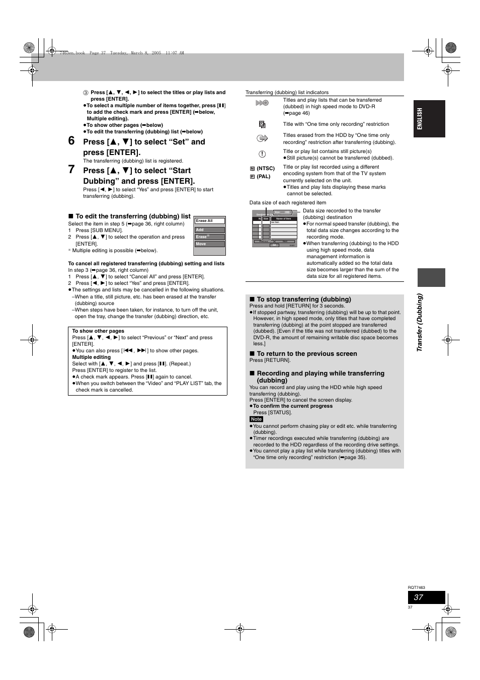 Press [ 3 , 4 ] to select “set” and press [enter | Panasonic DMRE95H User Manual | Page 37 / 124
