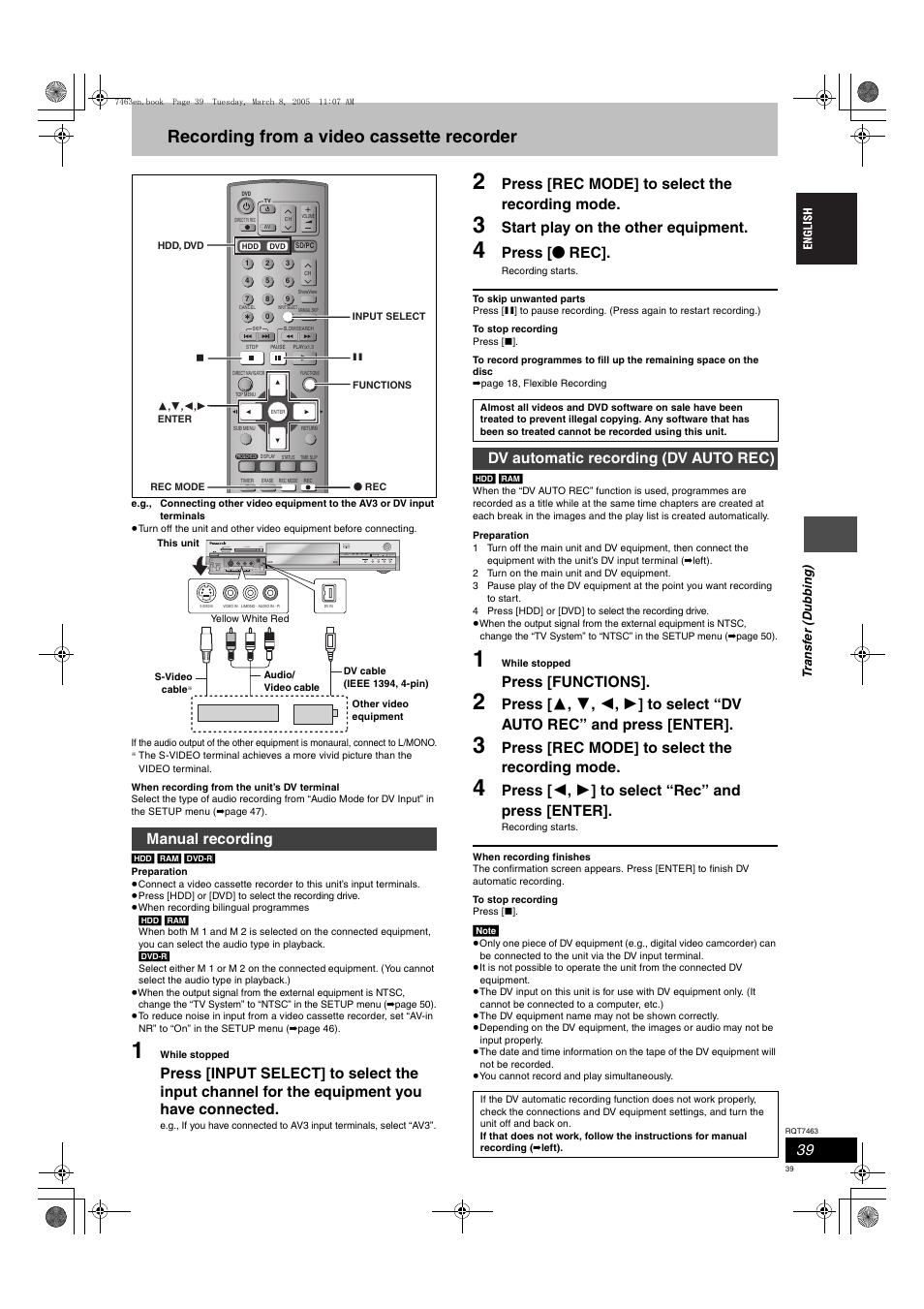 Recording from a video cassette recorder, Press [rec mode] to select the recording mode, Start play on the other equipment | Press [ ¥ rec, Press [functions, Press [ 2 , 1 ] to select “rec” and press [enter, Manual recording, Dv automatic recording (dv auto rec), Av3 s-video in video in audio in dv in r l/mono | Panasonic DMRE95H User Manual | Page 39 / 124