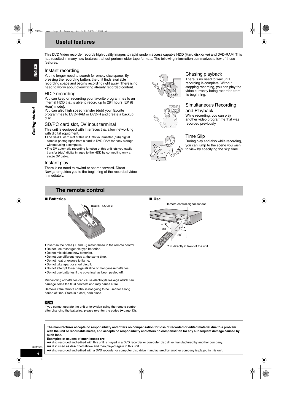 Useful features, The remote control, Instant recording | Hdd recording, Sd/pc card slot, dv input terminal, Instant play, Chasing playback, Simultaneous recording and playback, Time slip | Panasonic DMRE95H User Manual | Page 4 / 124