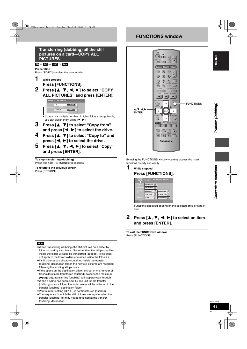 Functions window, Press [functions | Panasonic DMRE95H User Manual | Page 41 / 124