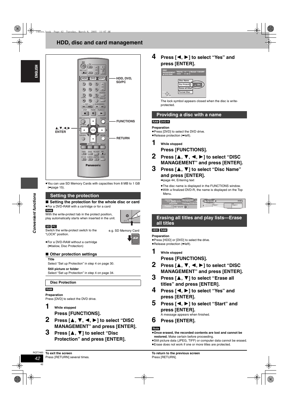 Hdd, disc and card management, Press [functions, Press [ 2 , 1 ] to select “yes” and press [enter | Press [ 2 , 1 ] to select “start” and press [enter, Press [enter, Setting the protection | Panasonic DMRE95H User Manual | Page 42 / 124