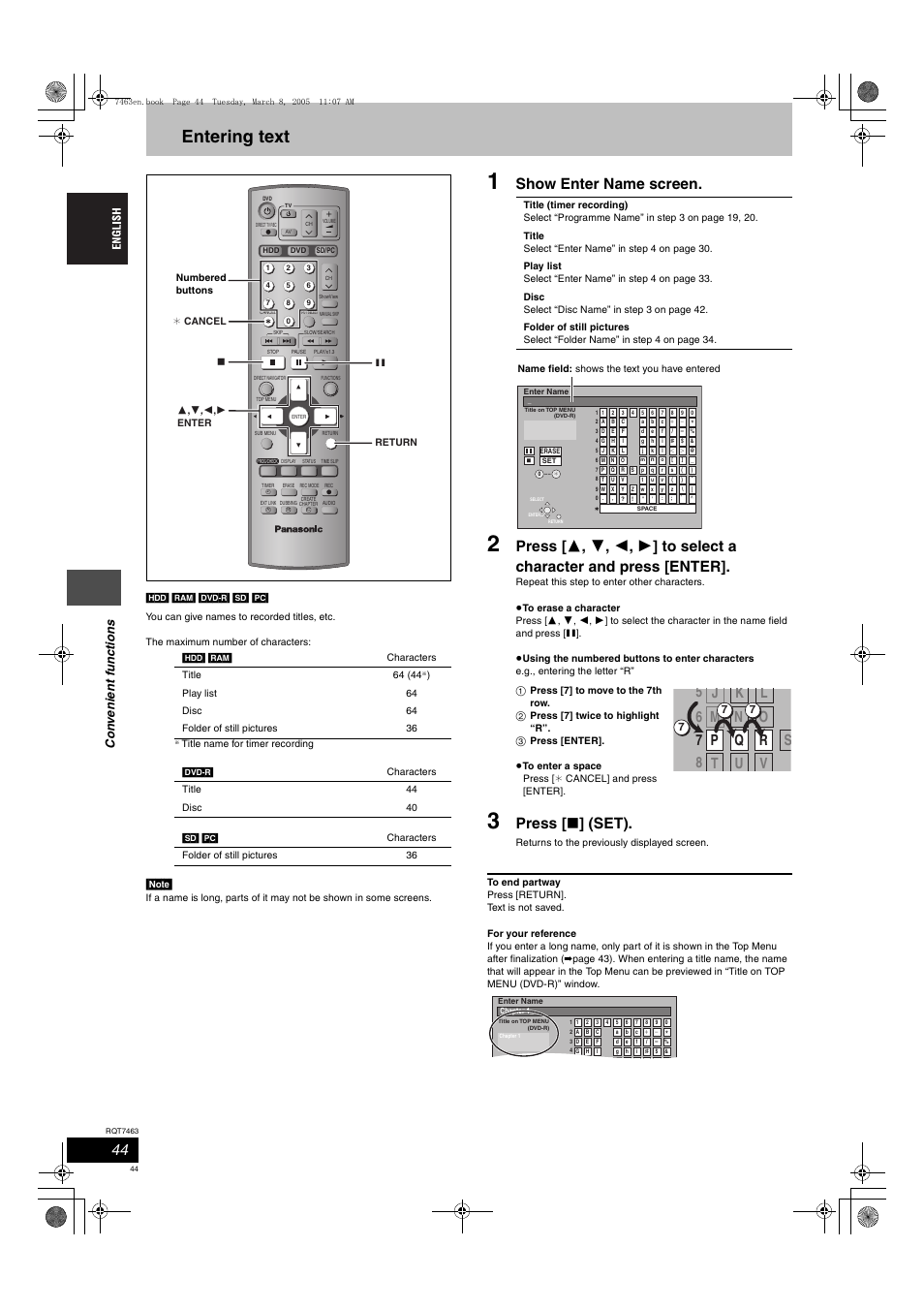 Entering text, Show enter name screen, Press [ ∫ ] (set) | Panasonic DMRE95H User Manual | Page 44 / 124