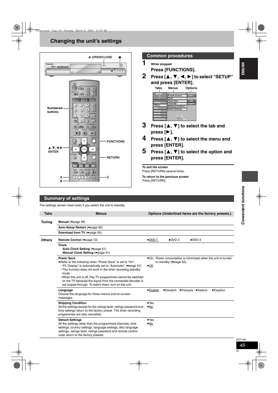 Changing the unit’s settings, Press [functions, Press [ 3 , 4 ] to select the tab and press [ 1 | Common procedures, Summary of settings, Open/close | Panasonic DMRE95H User Manual | Page 45 / 124