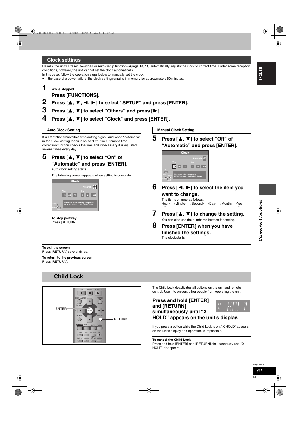 Child lock, Press [functions, Press [ 3 , 4 ] to select “others” and press [ 1 | Press [ 3 , 4 ] to select “clock” and press [enter, Press [ 3 , 4 ] to change the setting, Press [enter] when you have finished the settings, Clock settings | Panasonic DMRE95H User Manual | Page 51 / 124