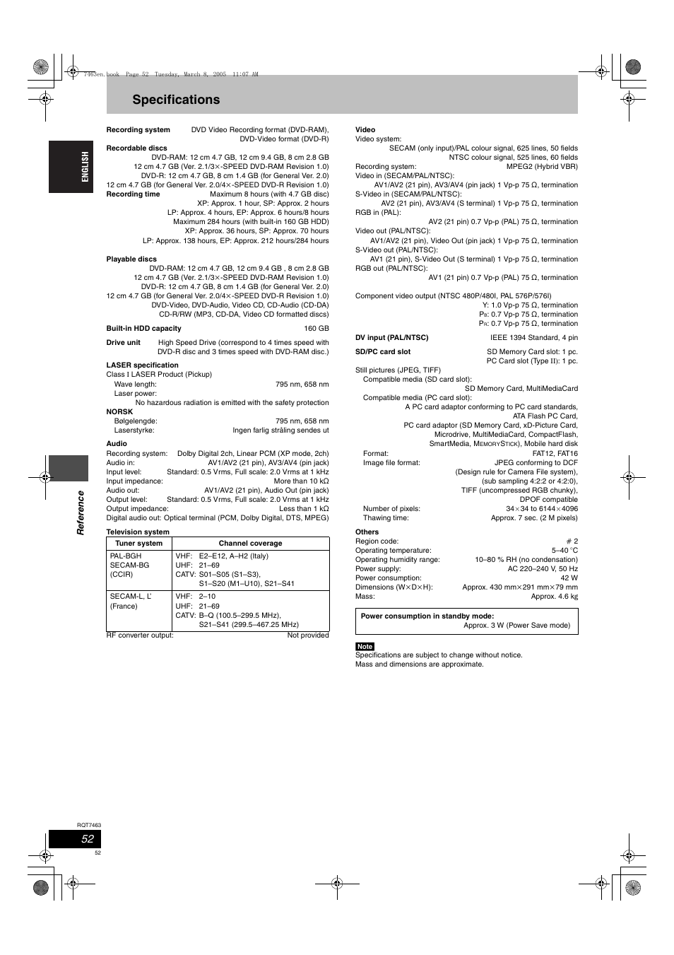 Specifications | Panasonic DMRE95H User Manual | Page 52 / 124