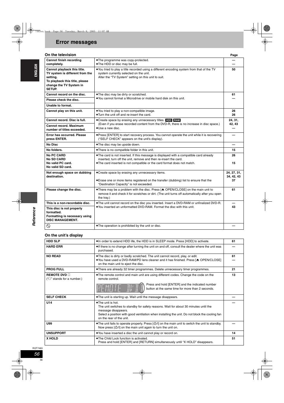 Error messages | Panasonic DMRE95H User Manual | Page 56 / 124