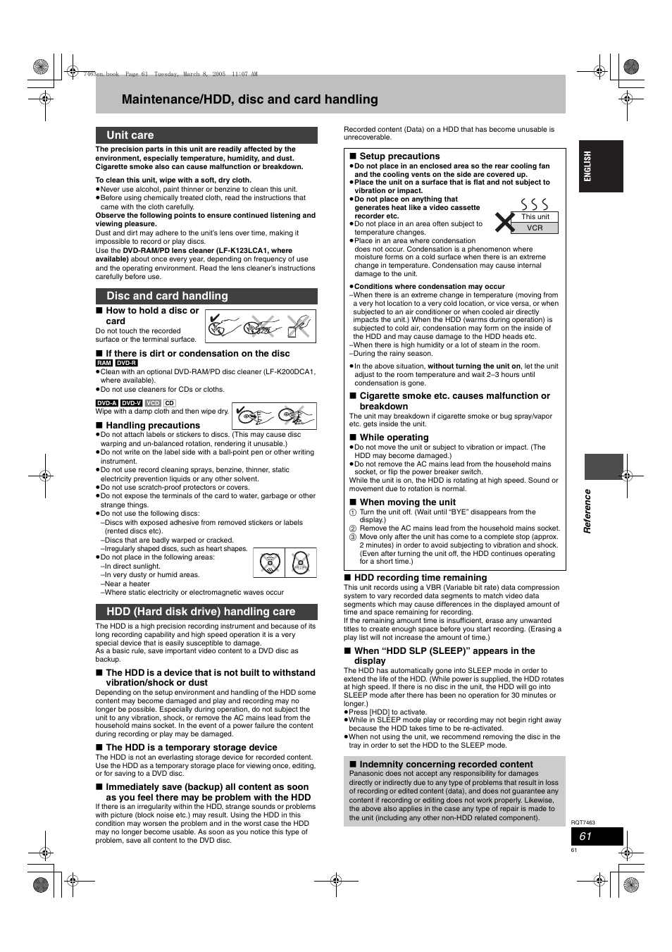 Maintenance/hdd, disc and card handling | Panasonic DMRE95H User Manual | Page 61 / 124