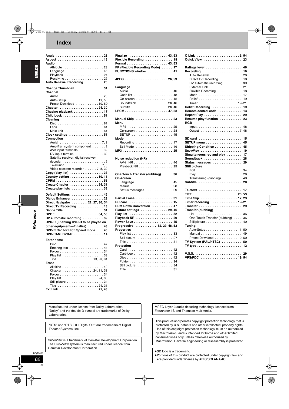 Index | Panasonic DMRE95H User Manual | Page 62 / 124