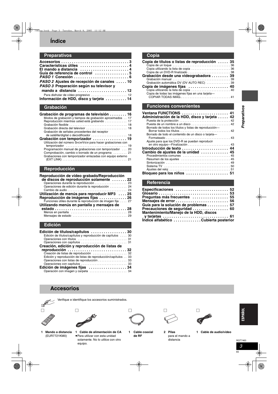 Índice, Accesorios | Panasonic DMRE95H User Manual | Page 65 / 124