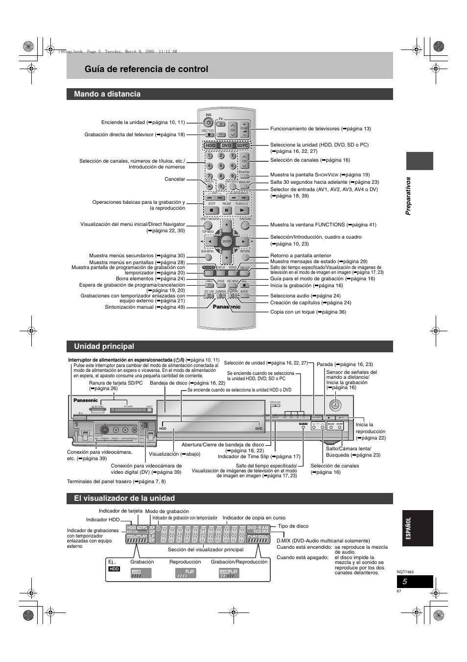 Guía de referencia de control, Mando a distancia, Unidad principal el visualizador de la unidad | Prep a rat iv o s | Panasonic DMRE95H User Manual | Page 67 / 124