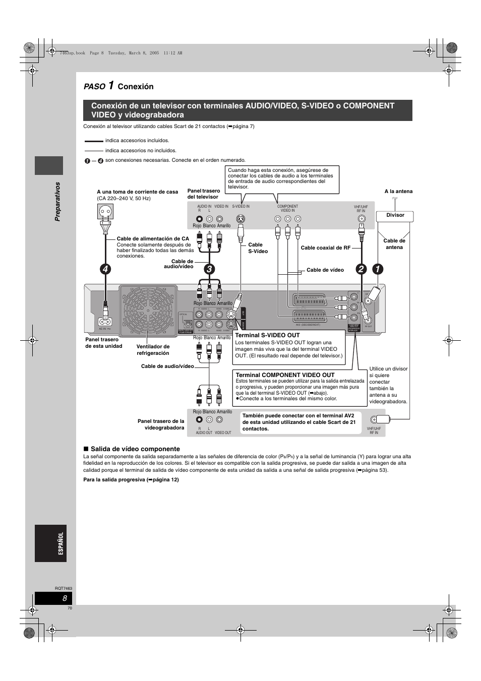 Paso, Conexión, Prep a rat iv o s | Salida de vídeo componente | Panasonic DMRE95H User Manual | Page 70 / 124