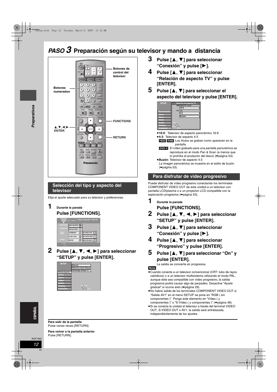 Paso, Preparación según su televisor y mando a distancia, Pulse [functions | Selección del tipo y aspecto del televisor, Para disfrutar de vídeo progresivo | Panasonic DMRE95H User Manual | Page 74 / 124