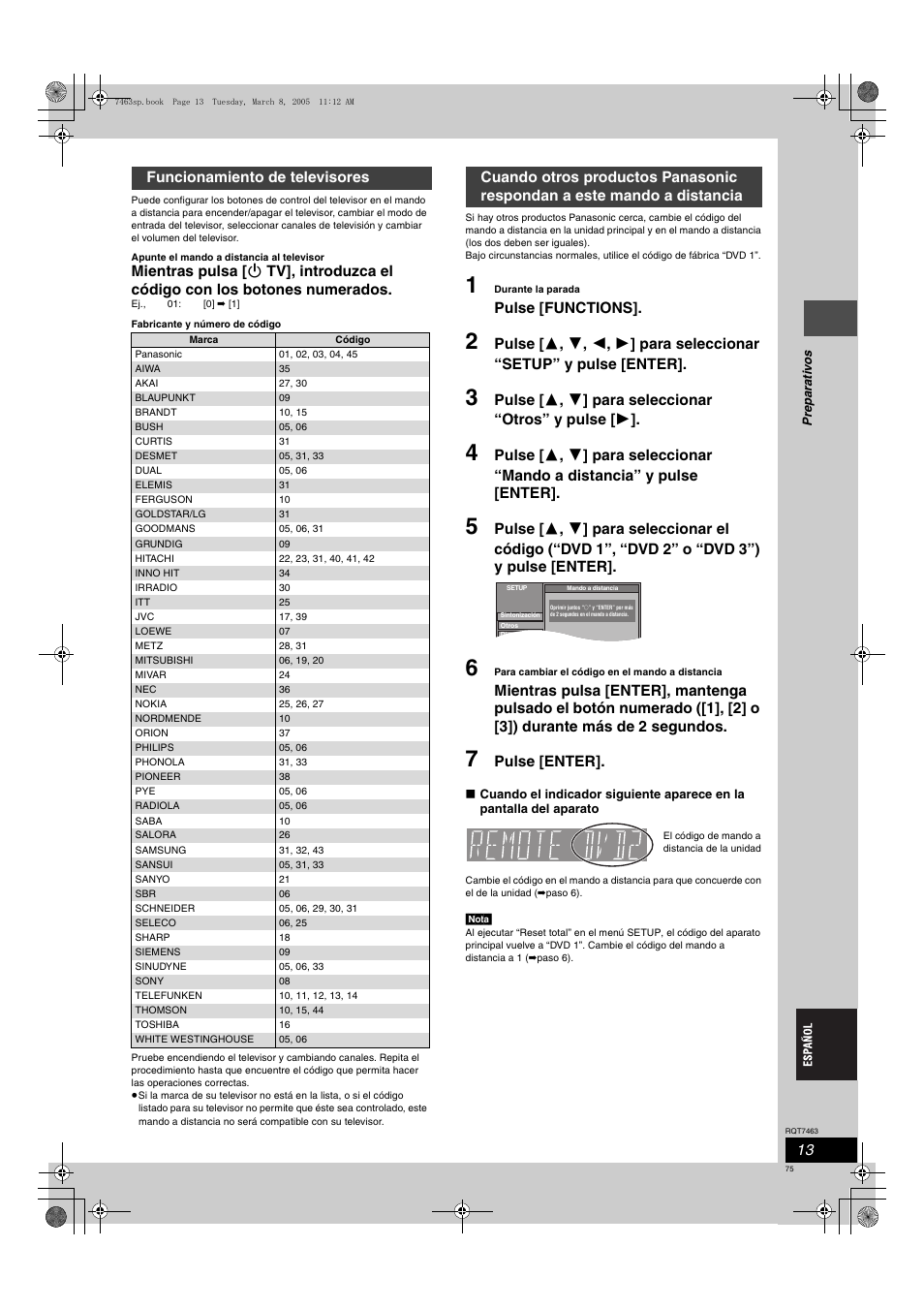 Pulse [functions, Pulse [enter, Funcionamiento de televisores | Panasonic DMRE95H User Manual | Page 75 / 124