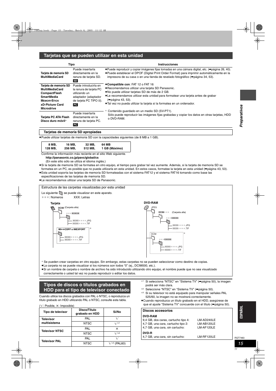 Tarjetas que se pueden utilizar en esta unidad, Prep a rat iv o s | Panasonic DMRE95H User Manual | Page 77 / 124