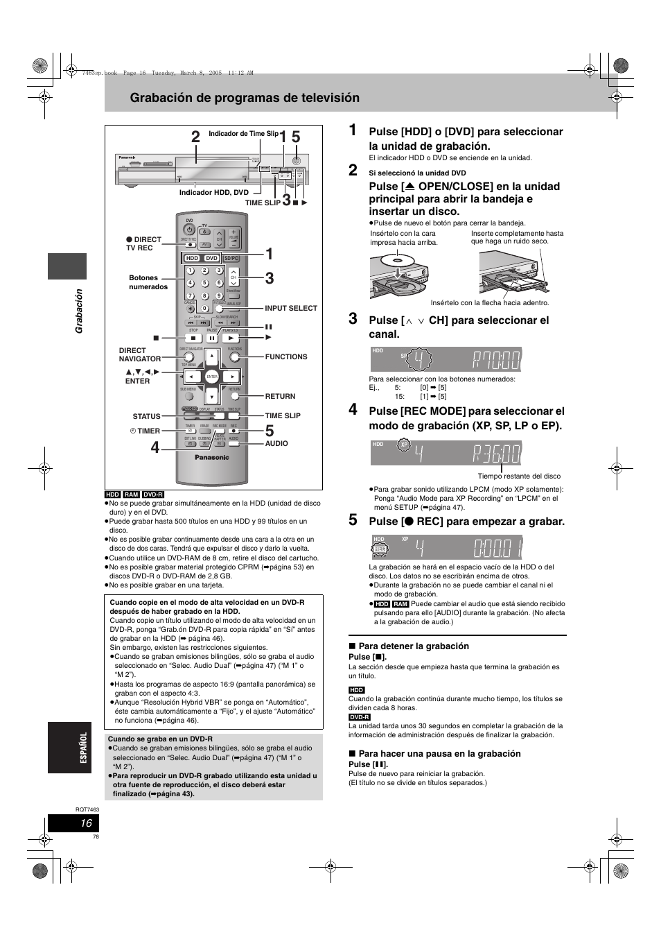 Grabación de programas de televisión, Pulse [ w x ch] para seleccionar el canal, Pulse [ ¥ rec] para empezar a grabar | Open/close | Panasonic DMRE95H User Manual | Page 78 / 124