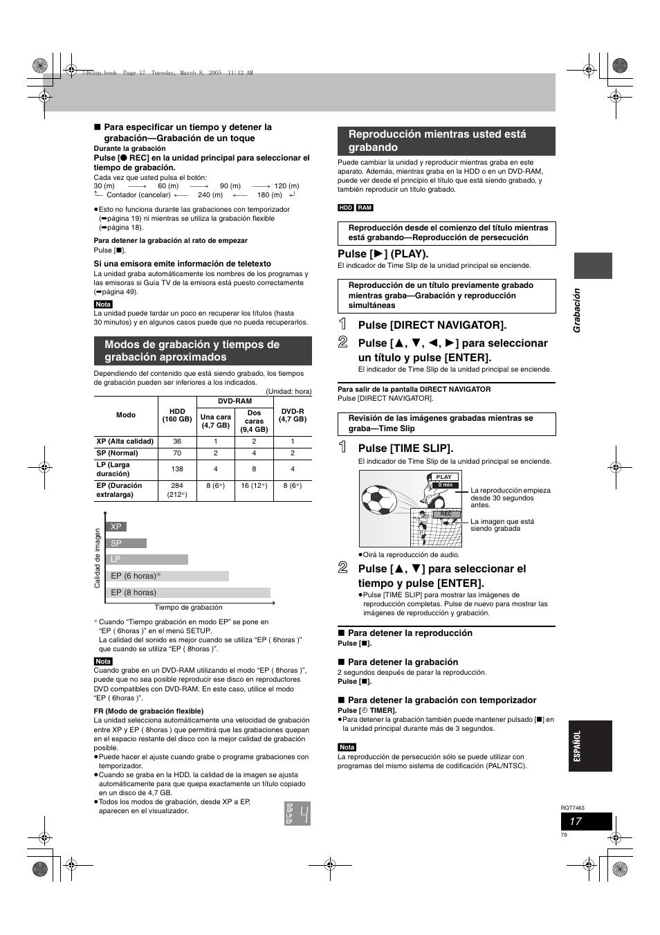 Pulse [ 1 ] (play), Pulse [direct navigator, Pulse [time slip | Reproducción mientras usted está grabando | Panasonic DMRE95H User Manual | Page 79 / 124