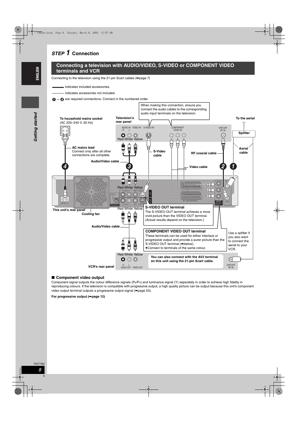 Step, Connection, Ge tt in g st ar te d | Component video output | Panasonic DMRE95H User Manual | Page 8 / 124