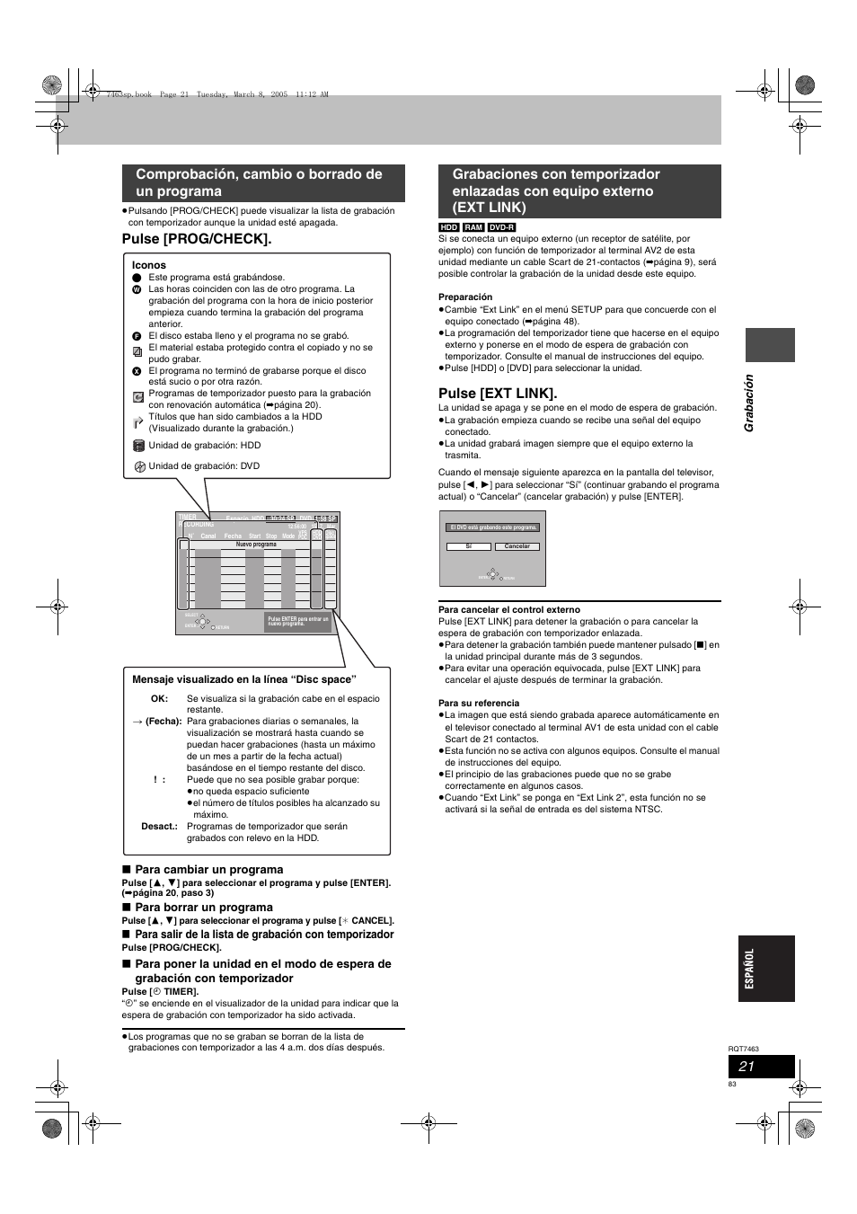 Pulse [prog/check, Pulse [ext link, Comprobación, cambio o borrado de un programa | Panasonic DMRE95H User Manual | Page 83 / 124