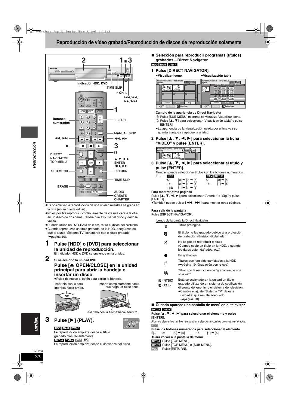 Pulse [ 1 ] (play), Open/close, Re p roduc c ión | 1 pulse [direct navigator | Panasonic DMRE95H User Manual | Page 84 / 124