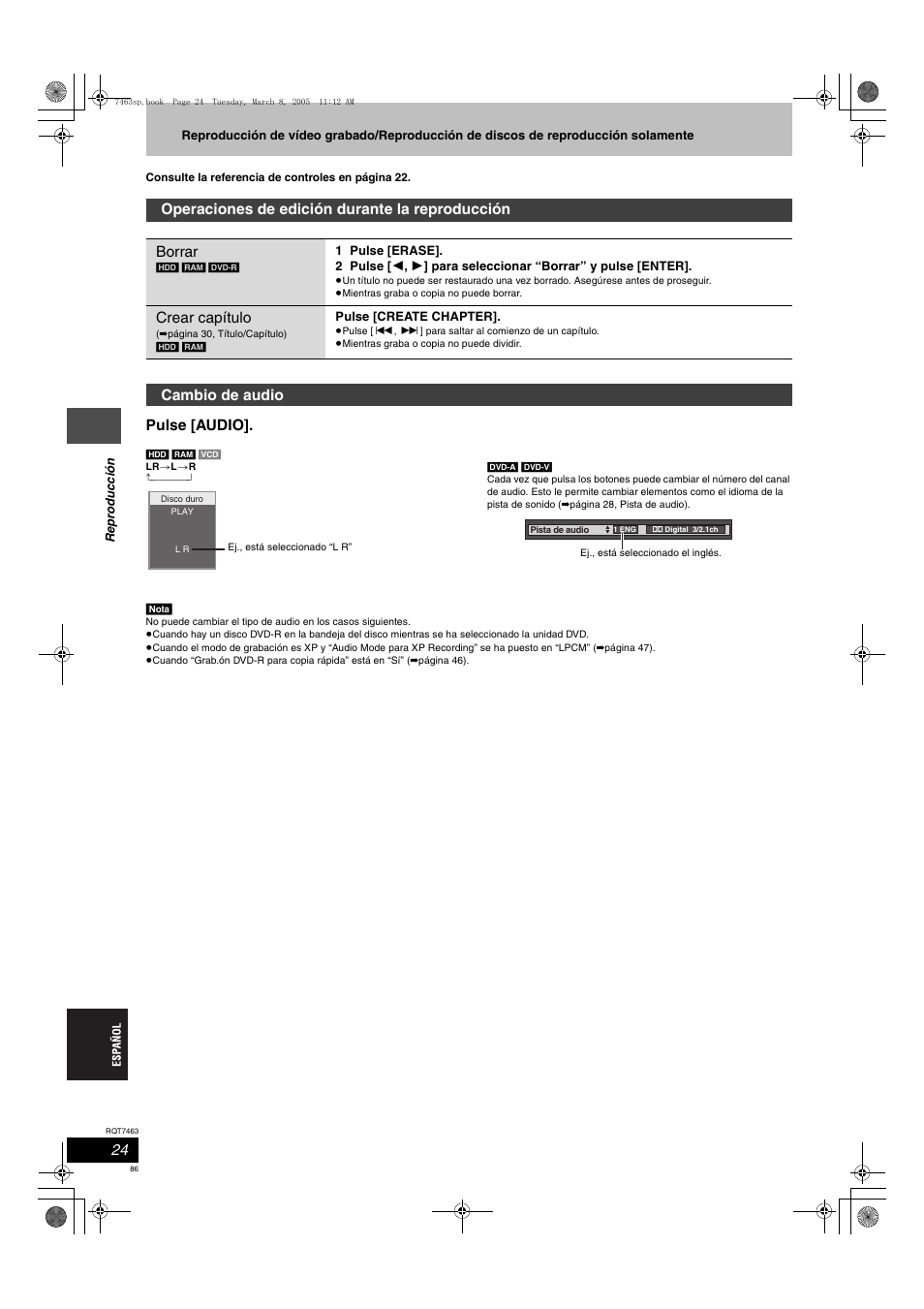 Pulse [audio, Crear capítulo, Cambio de audio | Panasonic DMRE95H User Manual | Page 86 / 124