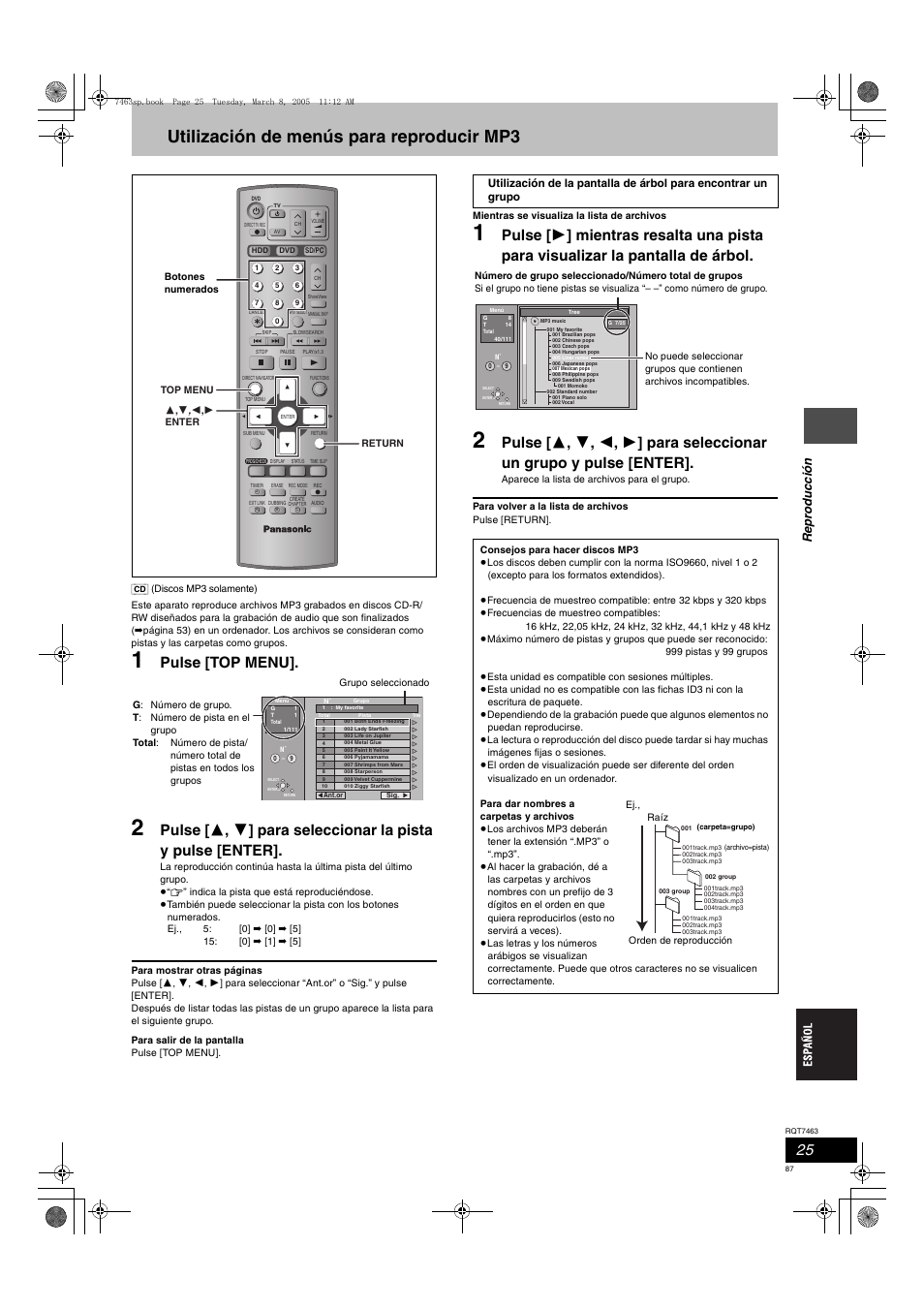 Utilización de menús para reproducir mp3, Pulse [top menu, Re p roduc c ión | Panasonic DMRE95H User Manual | Page 87 / 124