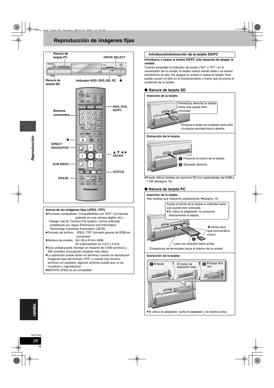 Reproducción de imágenes fijas, Open/close, Re p roduc c ión | Ranura de tarjeta sd, Ranura de tarjeta pc | Panasonic DMRE95H User Manual | Page 88 / 124