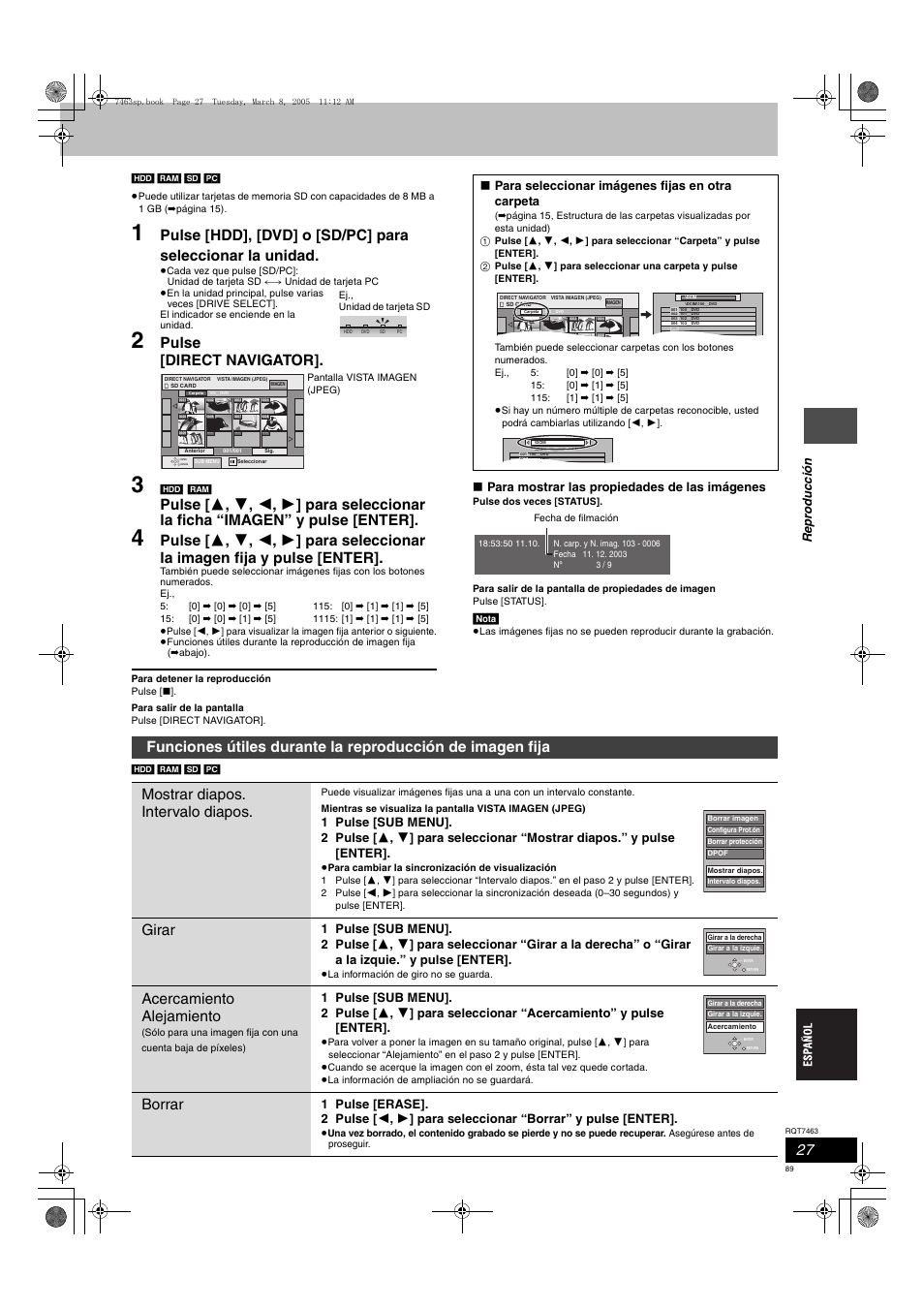 Pulse [direct navigator, Girar, Acercamiento alejamiento | Borrar | Panasonic DMRE95H User Manual | Page 89 / 124