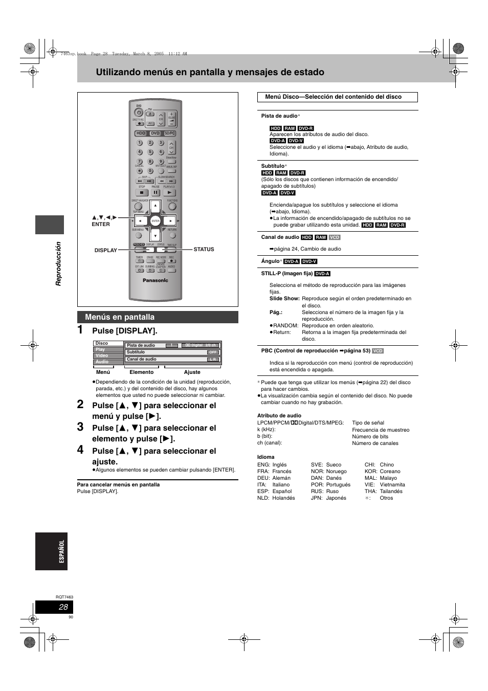 Utilizando menús en pantalla y mensajes de estado, Pulse [display, Pulse [ 3 , 4 ] para seleccionar el ajuste | Menús en pantalla | Panasonic DMRE95H User Manual | Page 90 / 124