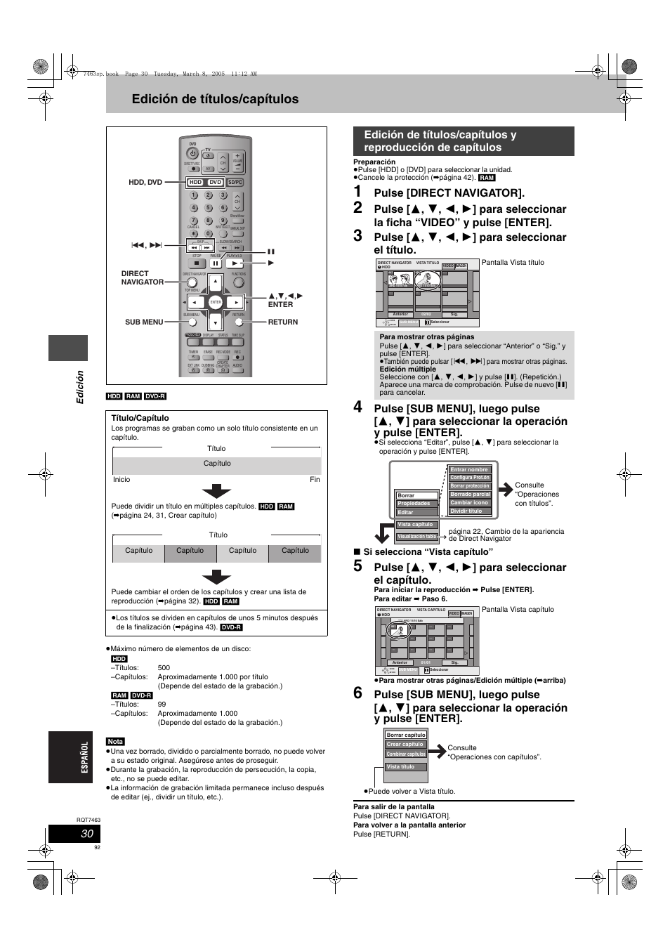 Edición de títulos/capítulos, Pulse [direct navigator, Pulse [ 3 , 4 , 2 , 1 ] para seleccionar el título | Ed ición, Si selecciona “vista capítulo | Panasonic DMRE95H User Manual | Page 92 / 124