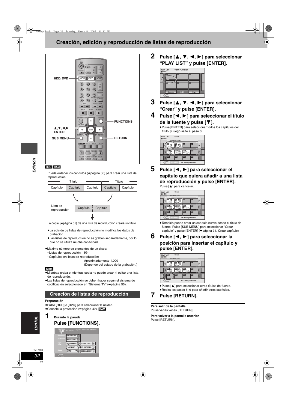 Pulse [functions, Pulse [return, Creación de listas de reproducción | Ed ición | Panasonic DMRE95H User Manual | Page 94 / 124