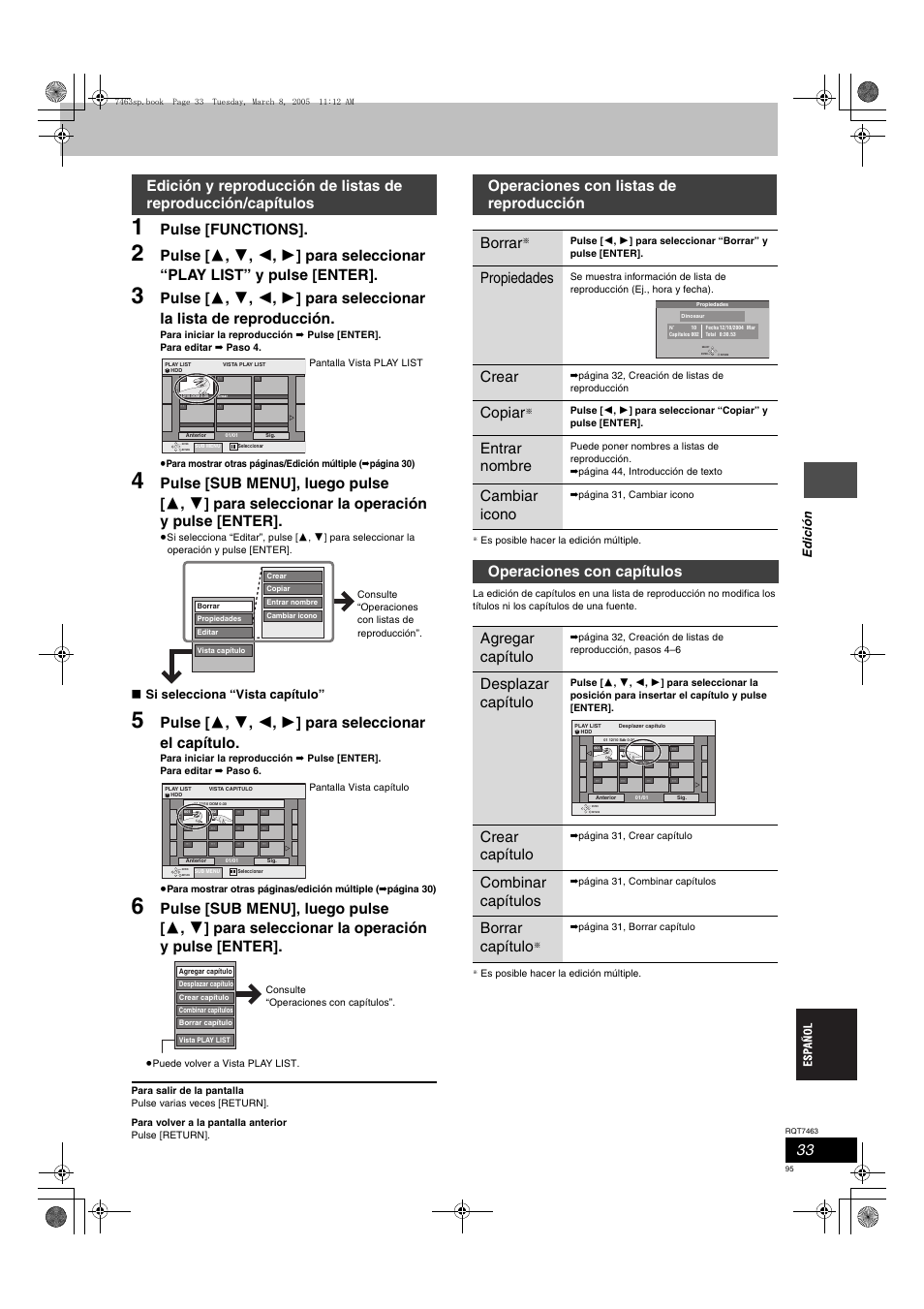 Pulse [functions, Operaciones con listas de reproducción borrar, Propiedades | Crear, Copiar, Entrar nombre, Cambiar icono, Operaciones con capítulos agregar capítulo, Desplazar capítulo, Crear capítulo | Panasonic DMRE95H User Manual | Page 95 / 124