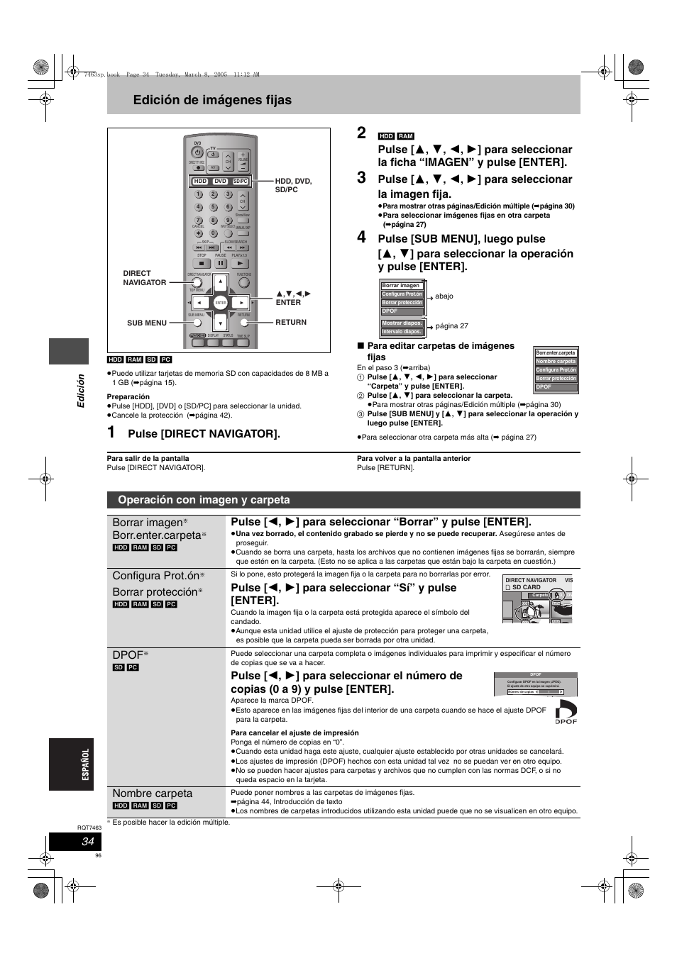 Edición de imágenes fijas, Pulse [direct navigator, Operación con imagen y carpeta borrar imagen | Borr.enter.carpeta, Configura prot.ón, Borrar protección, Dpof, Nombre carpeta | Panasonic DMRE95H User Manual | Page 96 / 124
