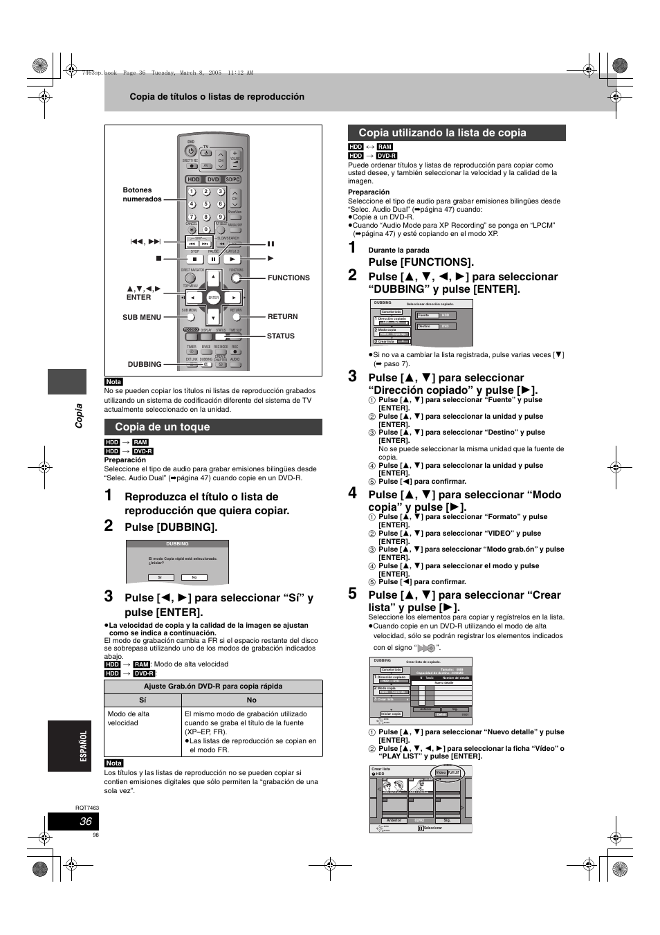 Pulse [dubbing, Pulse [functions, Copia de un toque | Copia utilizando la lista de copia, Co p ia copia de títulos o listas de reproducción | Panasonic DMRE95H User Manual | Page 98 / 124