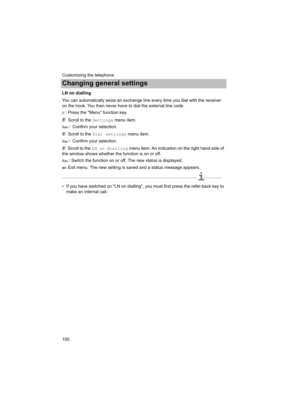 Ln on dialling, P. 100), Changing general settings | Avaya T3 (IP) Comfort User Manual | Page 100 / 172