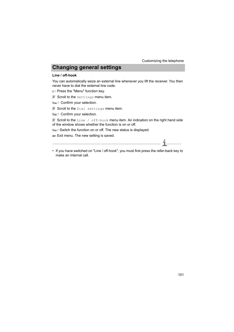 Line / off-hook, P. 101), Changing general settings | Avaya T3 (IP) Comfort User Manual | Page 101 / 172