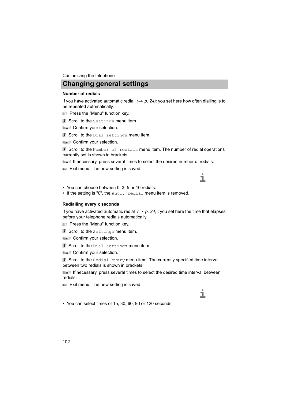 Number of redials, Redialling every x seconds, P. 102) | X seconds, Changing general settings | Avaya T3 (IP) Comfort User Manual | Page 102 / 172