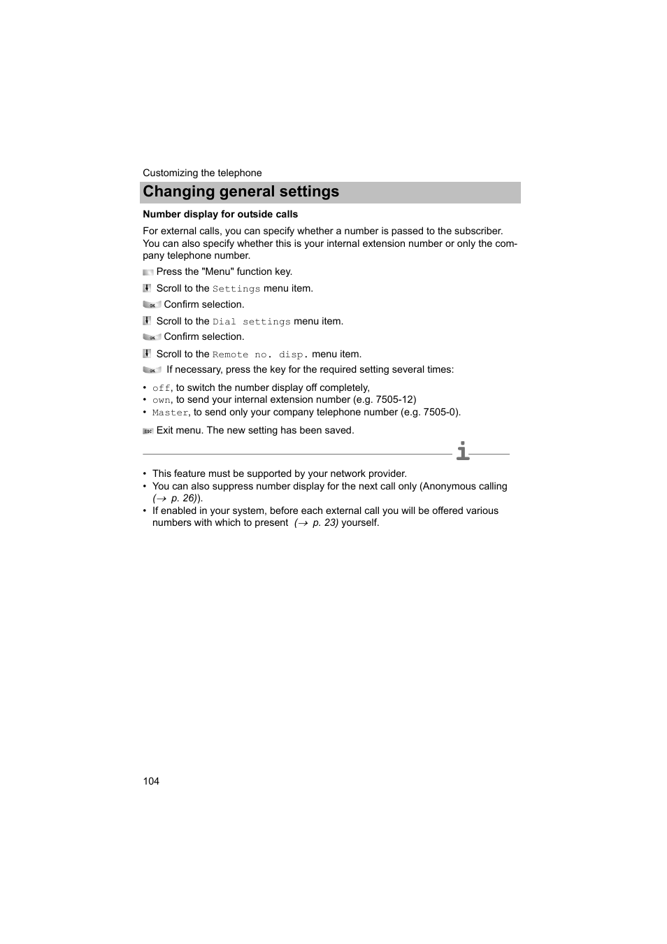 Number display for outside calls, P. 104) , yo, P. 104) | Changing general settings | Avaya T3 (IP) Comfort User Manual | Page 104 / 172