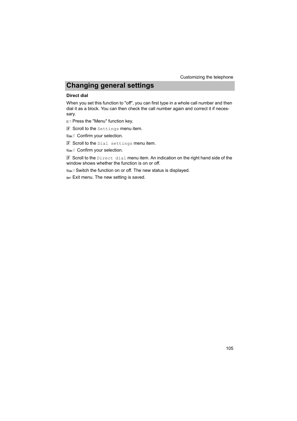 Direct dial, P. 105) of, P. 105) | Changing general settings | Avaya T3 (IP) Comfort User Manual | Page 105 / 172