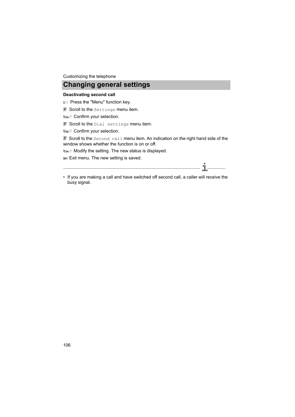 Deactivating second call, P. 106), Changing general settings | Avaya T3 (IP) Comfort User Manual | Page 106 / 172