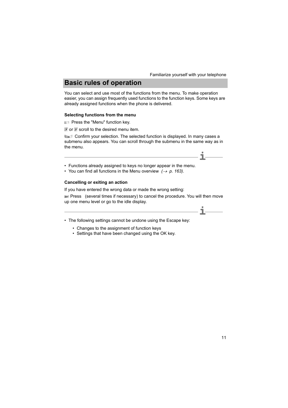 Basic rules of operation, Selecting functions from the menu, Cancelling or exiting an action | P. 11) | Avaya T3 (IP) Comfort User Manual | Page 11 / 172