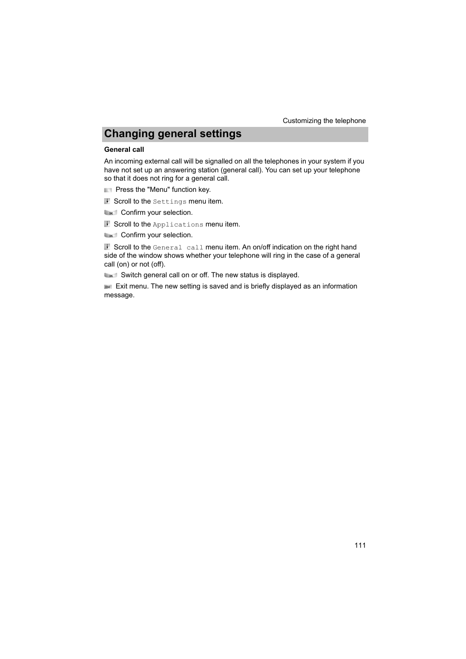 General call, P. 111), Changing general settings | Avaya T3 (IP) Comfort User Manual | Page 111 / 172
