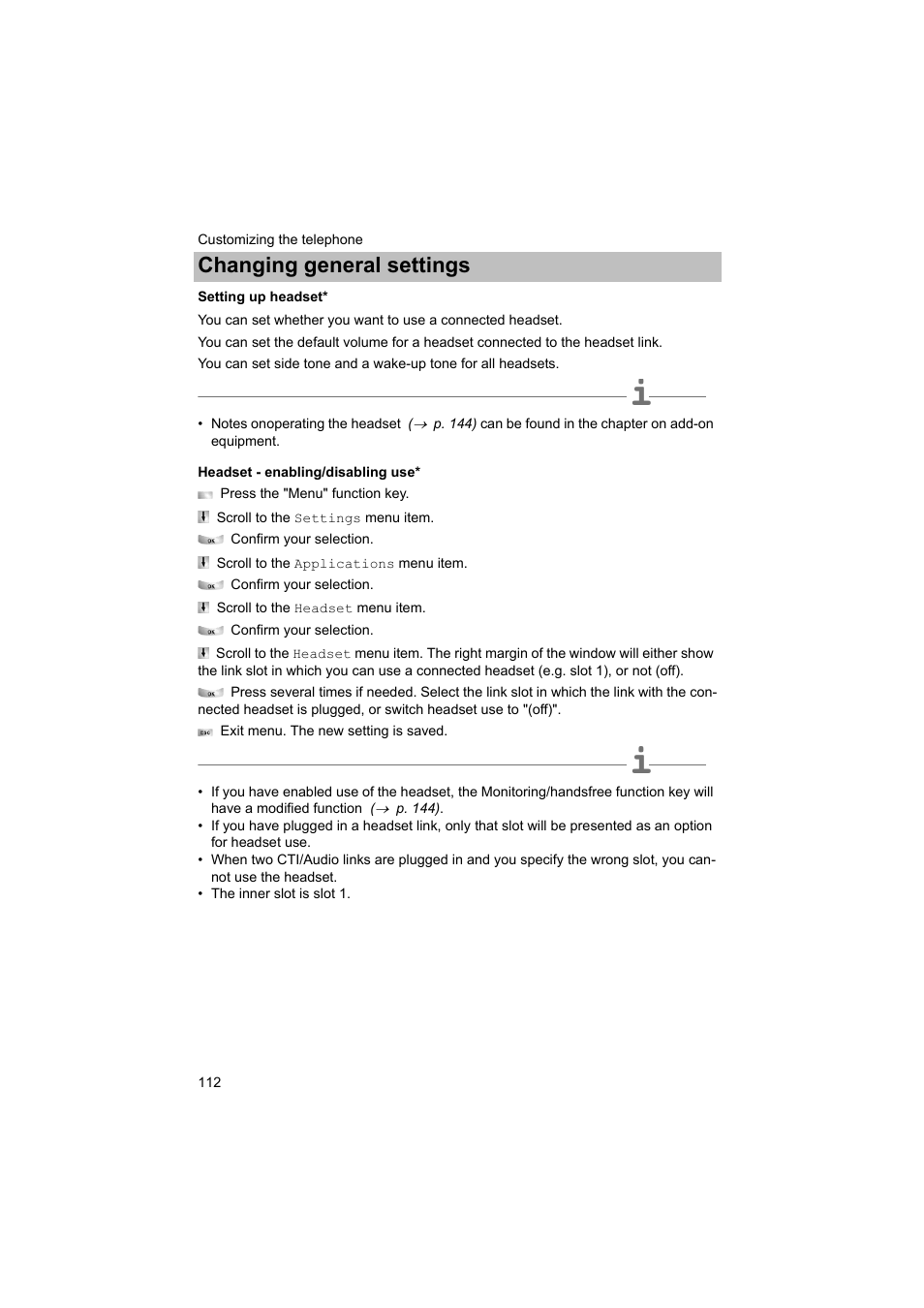 Setting up headset, P. 112), Changing general settings | Avaya T3 (IP) Comfort User Manual | Page 112 / 172